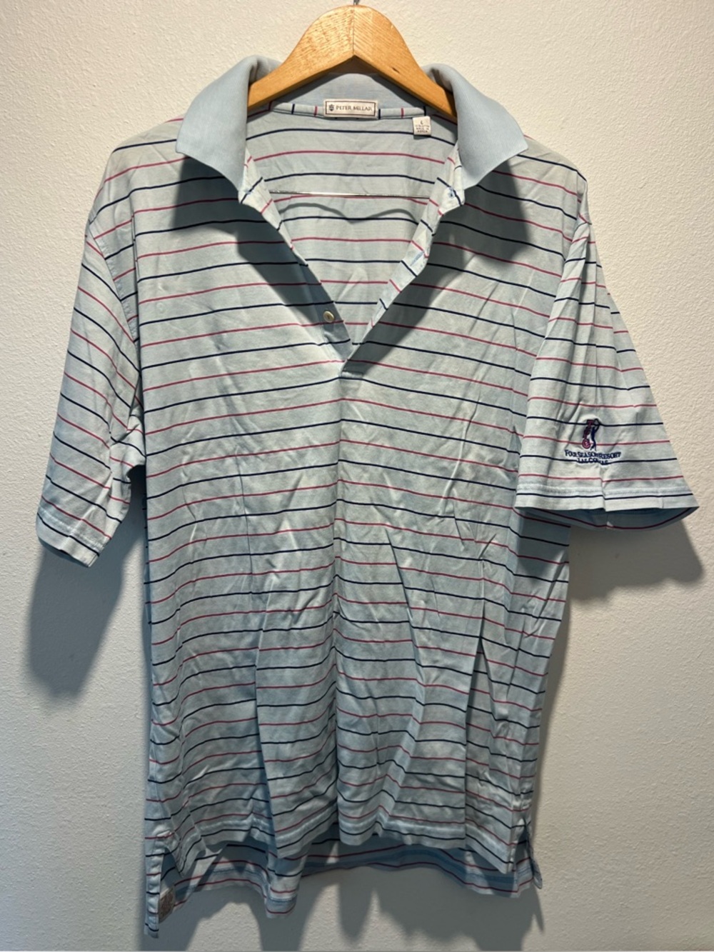Peter Millar Blue Pink Striped Polo Vintage Shirt Size Large Logo On Sleeve Mens